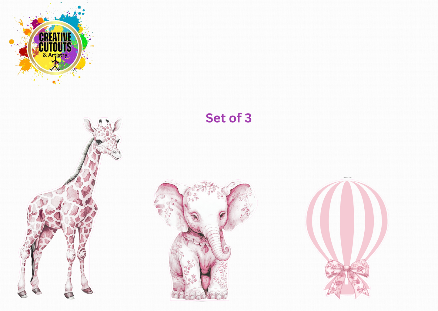 SET OF 3 - Pink Toile Safari Cutouts