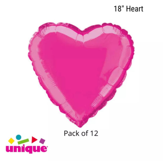 12 x Love Heart Foil Balloons - Hot Pink